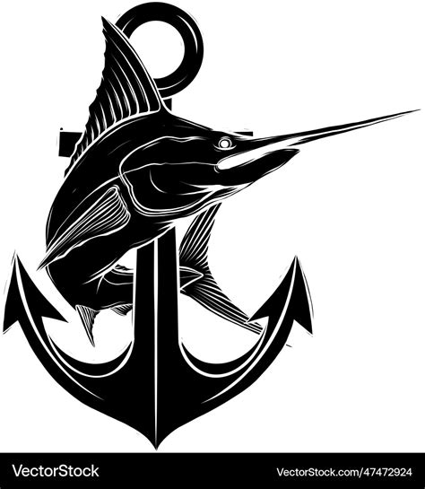 Black Silhouette Of Marlin Fish With Anchor On Vector Image