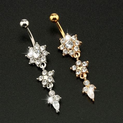Sexy Flower Dangle Belly Button Rings Crystal Long Dangle Navel