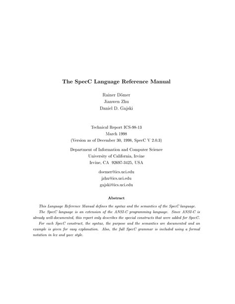 Pdf The Specc Language Reference Manual