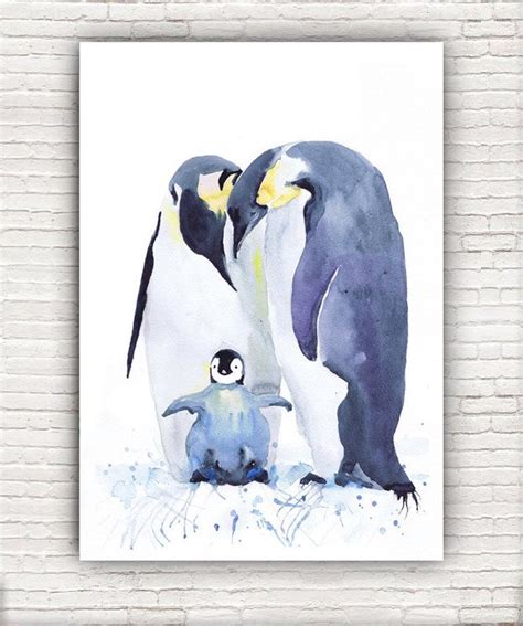 Two Penguins Are Standing Next To Each Other In Watercolor And Ink On