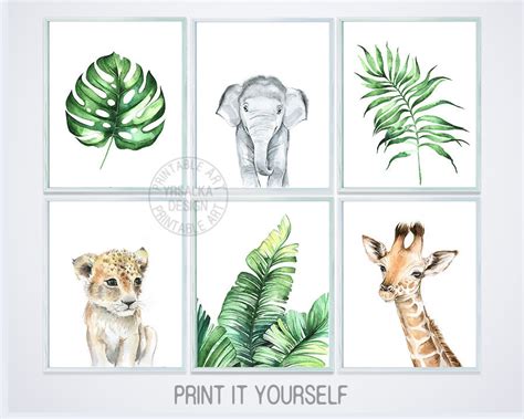 Safari Animals Prints Jungle Nursery Decor Print Set 6 Etsy