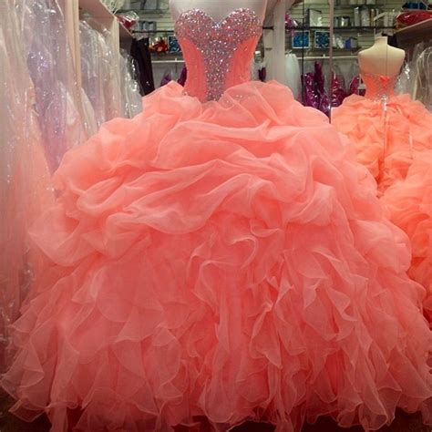 Beaded Sweetheart Coral Organza Ball Gowns Quinceanera Dresses Coral
