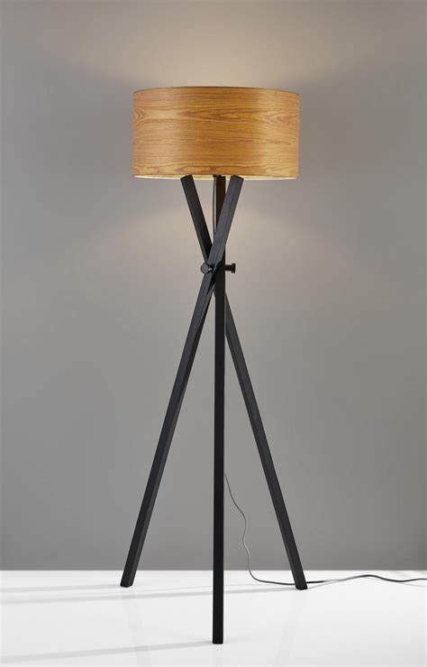 Architectonic Black Wood Tripod Floor Lamp With Rustic Wood Grain Shade