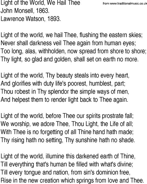 Hymn And Gospel Song Lyrics For Light Of The World We Hail Thee By
