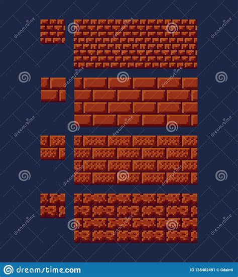 Vector Illustration Set Of 8 Bit 16x16 Red Brick Texture Pixel Art