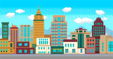 Pixel Art Modern City With Buildings Panorama Stock Vector