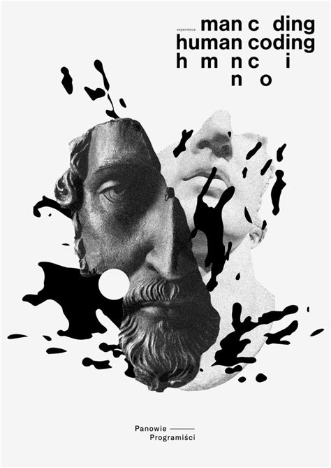 a black and white poster with an image of a man s face in the middle