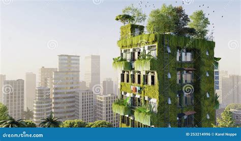 3d Illustration Of Modern Eco Skyscraper With Vertical Vegetation On