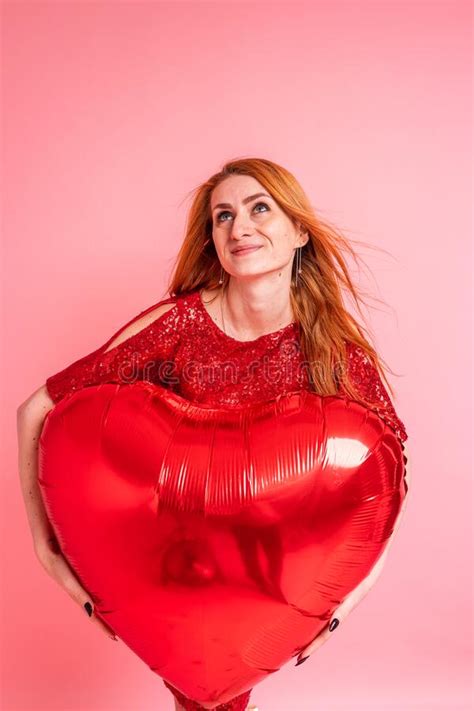Beautiful Redhead Girl With Red Heart Baloon Posing Happy Valentine S