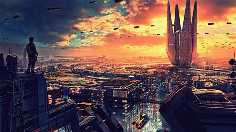 Person Standing On Top Of Building Wallpaper Artwork Futuristic City