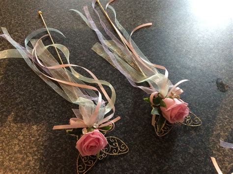cute flower girls wands heaven pink roses on gold butterfly wands with pastel shades of chiffon