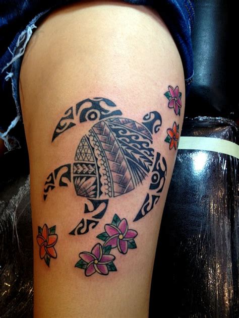 Pretty Flowers And Black Turtle Hawaiian Style Tattoo Tattoomagz