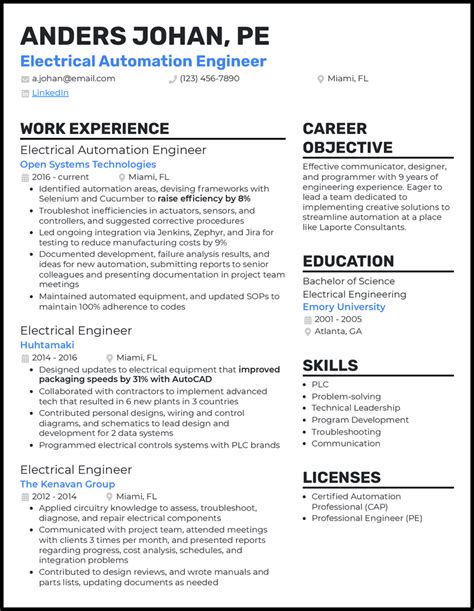 Electrical Automation Engineer Resume Examples For