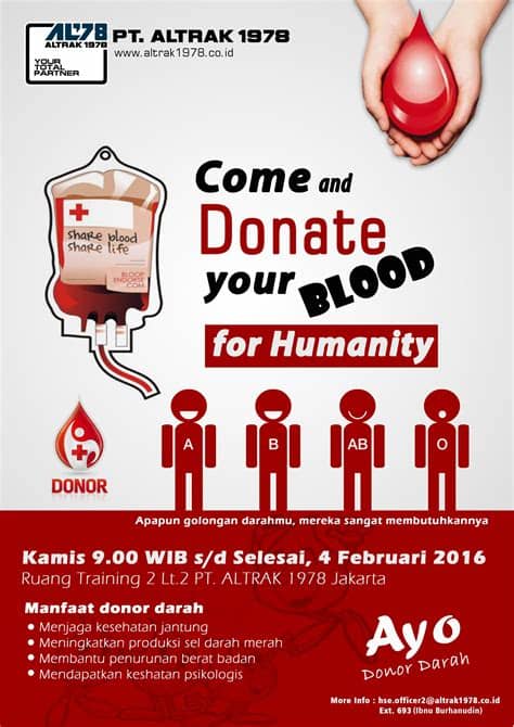 Setiap tahunnya, pmi menargetkan hingga 4,5 juta kantong darah sesuai dengan kebutuhan darah nasional, disesuaikan dengan standar lembaga kesehatan internasional (who) yaitu 2% dari jumlah. Pamflet Pamflet Donor Darah PT. ALTRAK 1978 (PMI) | PT ...