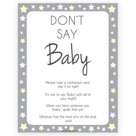 Dont Say Baby Game Grey Stars Printable Baby Shower Games