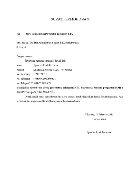 Admin mengumpulkan dari berbagi sumber terkait contoh surat pernyataan pelunasan cicilan kartu kredit bank mega. Contoh Surat Permohonan Pelunasan Kredit Di Bank ...