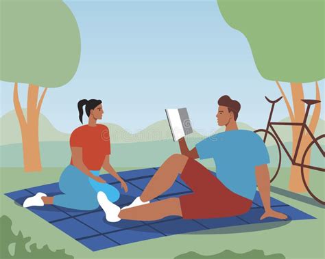 Couple Picnic Relaxing In The Park Flat Vector Stock Illustration