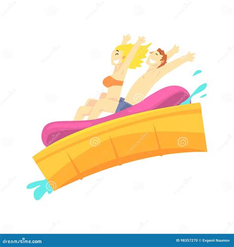 People Having Fun On A Water Slides At Water Park In Summer Vacation