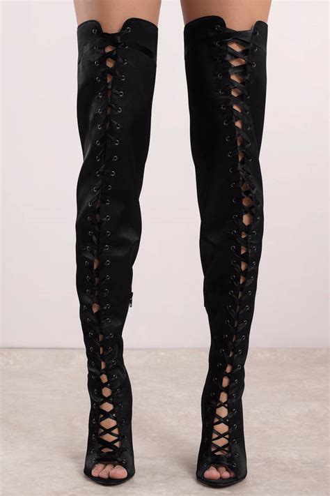 Black Boots Satin Thigh High Boots Black Peep Toe Lace Up Boots