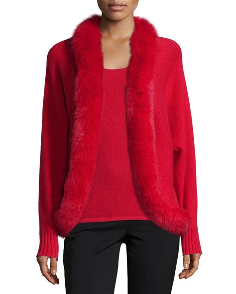 lyst neiman marcus fur trim cashmere cardigan in red