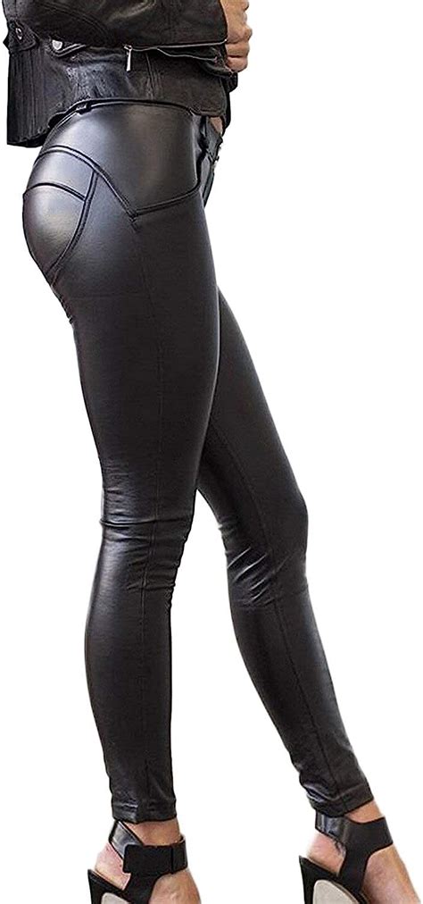 seasum women s faux leather leggings pants pu elastic shaping hip push up black sexy stretchy