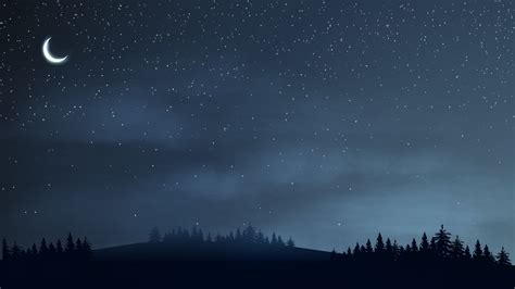 Paisagem Noturna Com Lua Crescente Floresta E Céu Estrelado 2617074