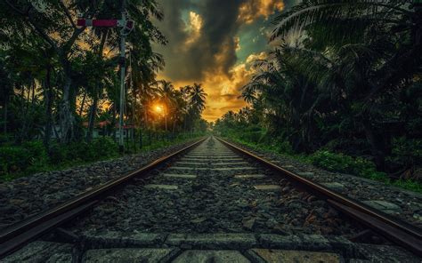 Railway Landscape Sri Lanka Clouds Sunset Shrubs Nature Tropical