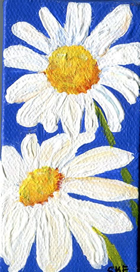 Shasta Daisy Painting Close Up On Blue Original On Canvas With Mini