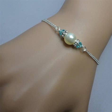 Ivory Pearl And Light Turquoise Bridesmaid Bracelet Swarovski Ivory