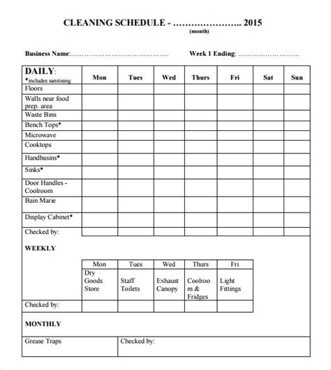 Sample Cleaning Schedule Template 5 Documents In Pdf