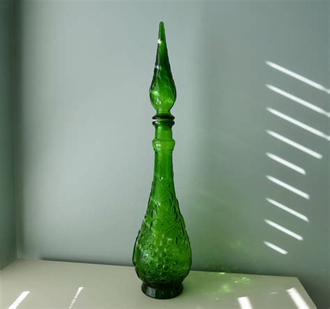 Vintage Mid Century Glass Bottle Empoli Italian Tall Bottle Etsy Mid Century Glass Green