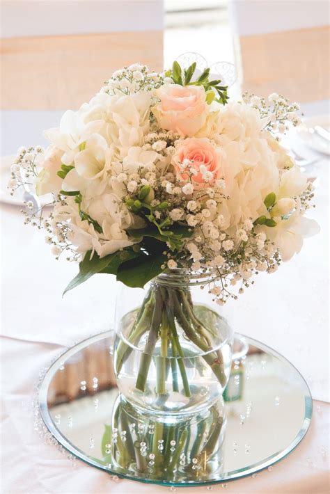 Gorgeous Wedding Table Centrepiece Peach And Ivory Roses Gypsophila