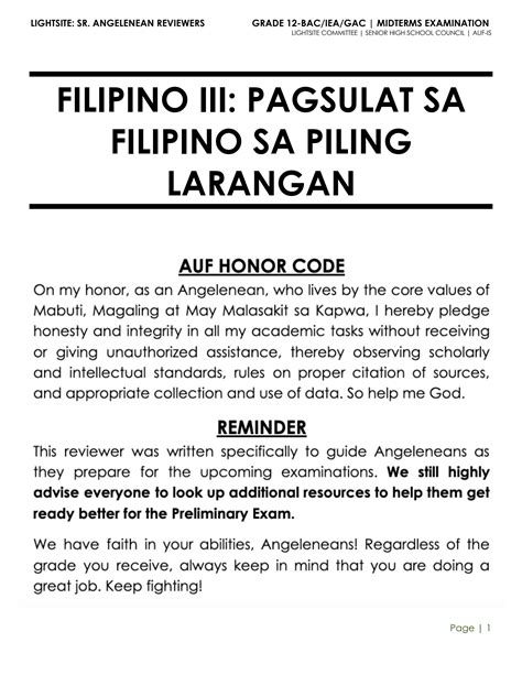 Solution Grade 12 Pagsulat Sa Filipino Sa Piling Larangan Reviewer