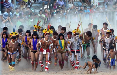 members of brazilian indigenous group kuikuro dance during the xii games of the indigenous