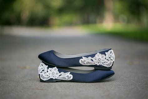 Ballet Flats With Ivory Lace Applique Navy Blue Wedding Shoes Ivory