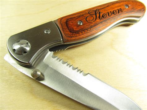 Engraved Wood Handle Pocket Knife With 4 Inch Half Serrated