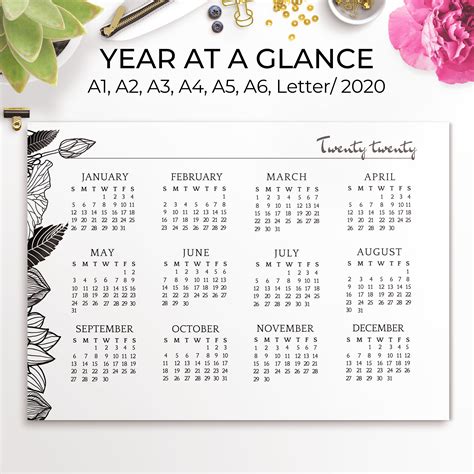 2020 Year At A Glance Yearly Wall Calendar Printable 2020 Etsy