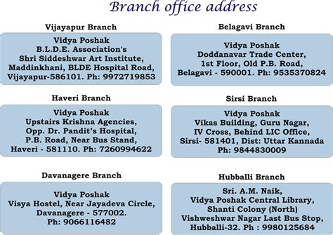 Branch Office Address Vidya Poshak