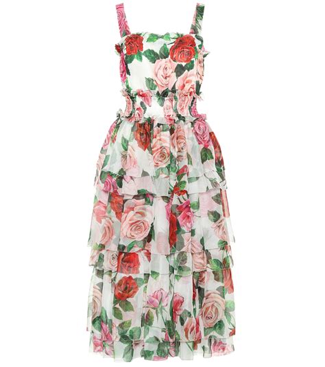 Lyst Dolce And Gabbana Rose Printed Silk Midi Dress In Pink
