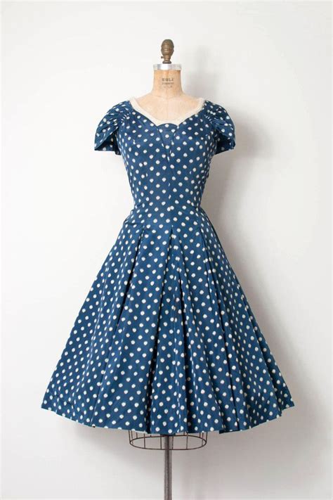 Vintage 1950s Dress Blue Polka Dot 50s Party Dress Snowball Fight