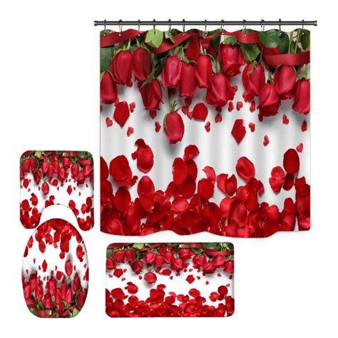 4 Pcs Lovely Red Rose Shower Curtains Set Dew Rose Raindrop Bathroom Sets With Non Slip Rugs