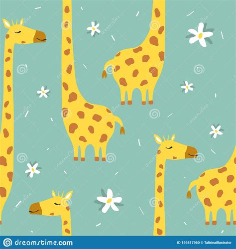 Colorful Seamless Pattern With Happy Giraffes Flowers Decorative Cute