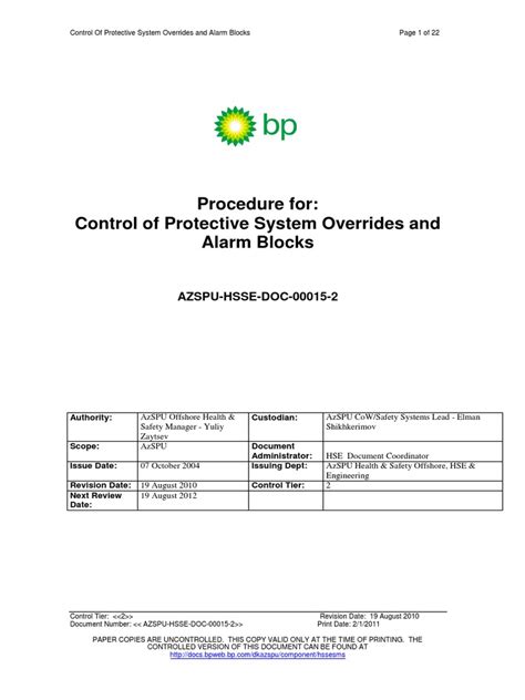 Azspu Ssow Procedure For Control Of Protective System Overrides And