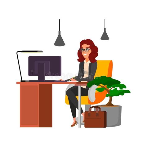 Businesswoman Working At Office Table With Computer Cartoon Vector