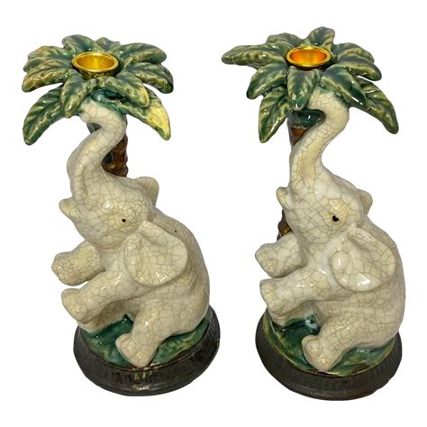 Vintage Majolica Elephant And Palm Tree Candlesticks A Pair Chairish