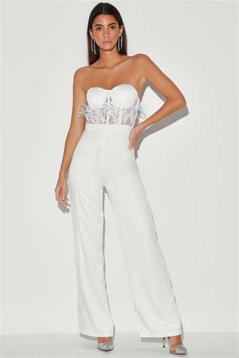 Hey Gorgeous White Feather Satin Strapless Wide Leg Jumpsuit Wide Leg