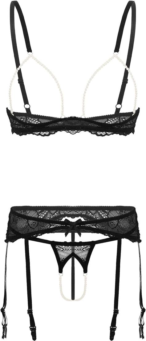 Yizyif Womens 3pcs Crotchless Thong Open Cups Bralette Lace