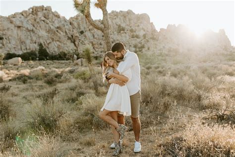 Engagement Photoshoot Desert Joshua Tree California In Love Sunshine Couple Pose