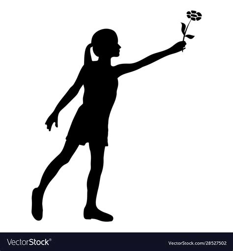 Young Girl Holding A Flower Black Silhouette Vector Image