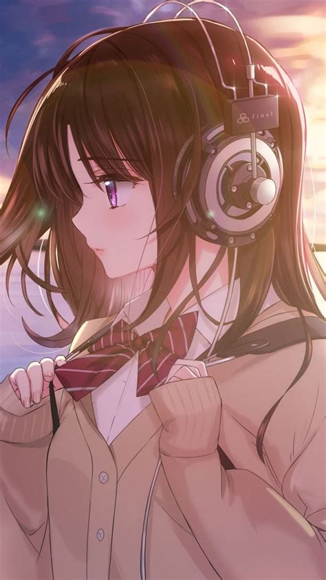 Anime Girl With Short Brown Hair And Headphones